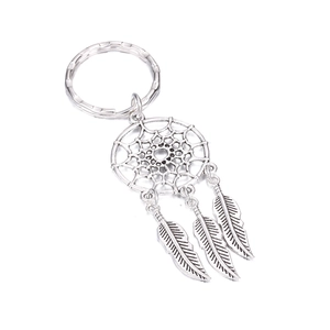 Silver dreamcatcher keychain with feathers and lobster clasp on a clean white background