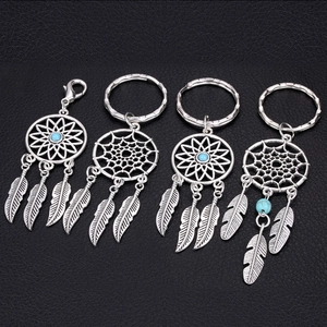 Vintage Alloy Dreamcatcher Keychain With Feather Tassels Blue Beads Lobster Clasp Metal Key Ring For Women Bag Accessories Gift