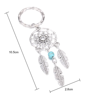 Detailed size chart of silver dreamcatcher keychain with feathers and blue bead charm