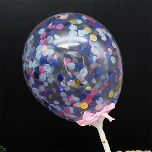 Transparent 5-inch cake topper balloon with colorful sequins and pink bow on black background
