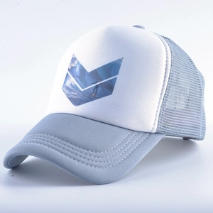 Detail showing high-density five-line stitching on light blue brim of trucker hat