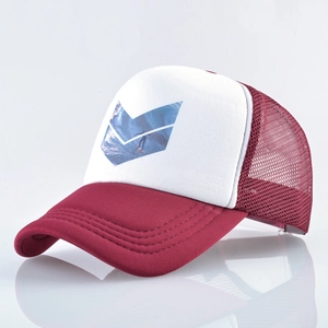 Detail of burgundy baseball trucker cap with white mesh and ocean surfer illustration