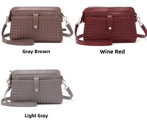 Detailed comparison of woven crossbody bags in taupe, wine red, and light grey shades