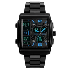 Men's square dual-display digital sport watch in black stainless steel with blue accents