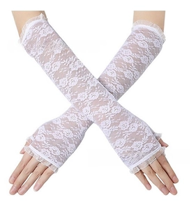 Close-up of white floral lace sun protection gloves with ruffle edge and fingerless design