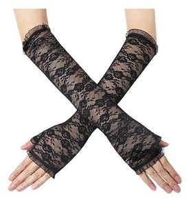 Elegant long black floral lace sun protection gloves with fingerless over-the-elbow design