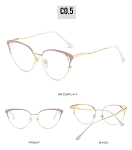 Detailed views showing front, back, and 45-degree angles of cat eye metal glasses frame