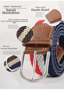 Detail of elastic braided canvas belt showing silver alloy buckle and leather trim
