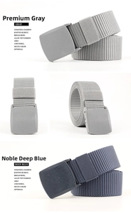 Detail view of woven nylon belts in premium gray and deep blue with matte buckle