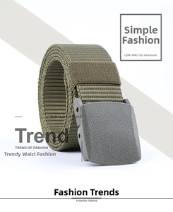 Detailed view of army green tactical nylon belt with matte texture sliding buckle