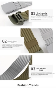 Detail of durable canvas belt featuring a plastic buckle and tactical tank-pattern webbing