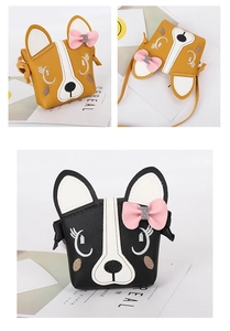 Détail de sacs bandoulière chien mignon en noir et jaune avec décoration de nœud rose