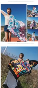 Detailed view of lightweight printed beach scarf with tassel edges for resort wear