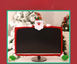 Close-up of Santa Claus 3D monitor cover with plush red fabric and cute green boots