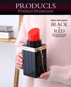 Lipstick shaped acrylic evening clutch bag with black body and red cap on golden chain