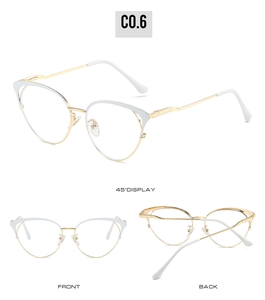 Three-way view of cat eye metal glasses frames in stylish gold and white color finish