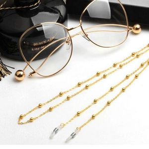 Golden round frame glasses with beaded metal chain and non-slip rubber loops set