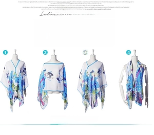Detail view of versatile summer chiffon shawl scarf featuring artistic floral patterns