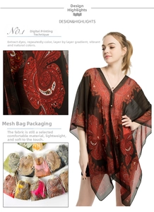 Detail of red paisley chiffon beach cover-up with v-neck and pearl buttons in mesh bag