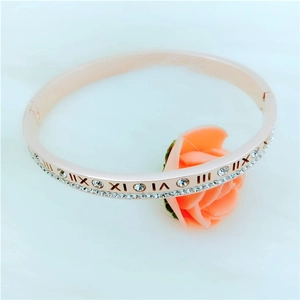 Women Bangle Bracelet Titanium Steel Rose Gold Plated Roman Numeral Engraved Zircon Inlaid Fashion Jewelry Accessory