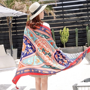 Ethnic style cotton linen sun protection scarf with vintage print for beach holidays