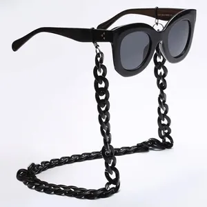 Close-up of retro black chunky link chain attached to stylish square sunglasses