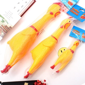 Three yellow rubber screaming chicken toys in mesh bags, available in small to large sizes