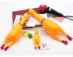 Detailed comparison of three sizes of yellow rubber screaming chicken toys on white background