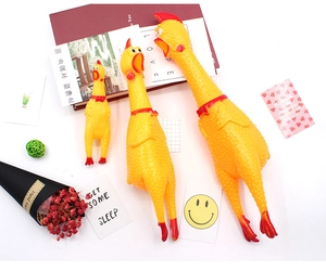 Three sizes of classic yellow screaming chicken rubber toys arranged with colorful decor