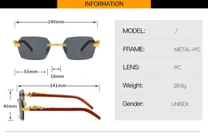 Detailed size specifications for rimless rectangular sunglasses with gold panther decor