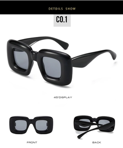 Detailed views of black Y2K chunky square sunglasses from front, side and back angles