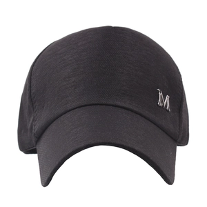 Black baseball cap with silver metal M logo, breathable fabric for outdoor sun protection
