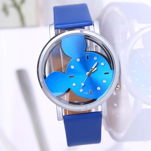 Blue Mickey fashion watch for women with rhinestones and faux leather strap on stand