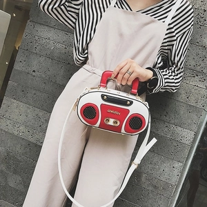Retro radio shaped leather crossbody bag for women in red and black vintage design