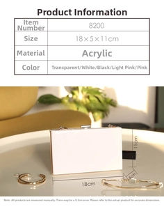 Detail view of acrylic evening clutch bag with metal clasp and 18x5x11cm dimensions