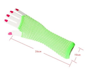 Detail showing dimensions of fluorescent green fishnet gloves with 26cm length mark
