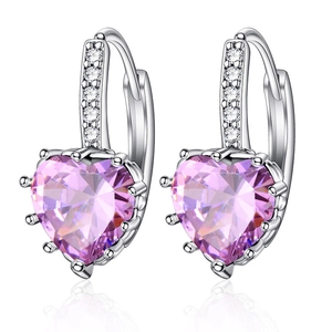 Elegant heart-shaped pink zircon earrings with silver-plated hoops and secure six-prong setting