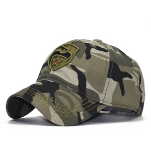 Detailed side view showing camouflage cotton fabric and embroidered star patch on hat