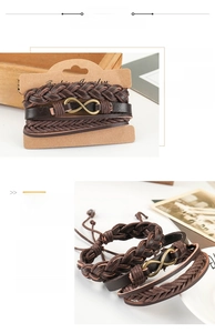 Close-up of dark brown layered leather bracelet with bronze infinity symbol detail