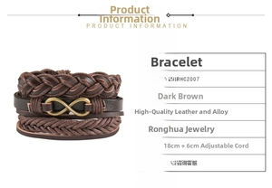 Detail view of multi-layer leather infinity bracelet with adjustable size information