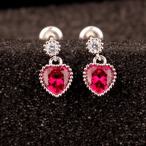Elegant S925 silver heart earrings with ruby corundum and sparkling zircon stones