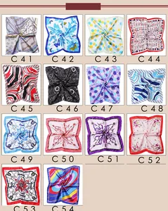 Collection of 14 printed square scarves showing diverse floral and geometric patterns