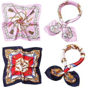 50cm square silk scarf featuring luxury gold chain and floral prints on bright fabric