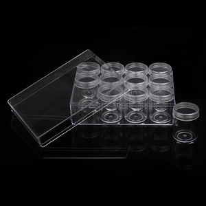 Clear acrylic storage box with 12 small round jars for jewelry and craft supplies