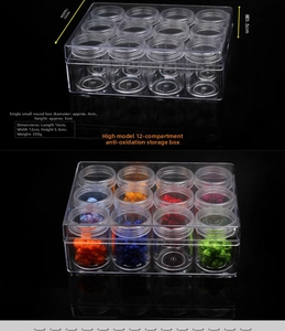 Detailed view of a 12-slot clear acrylic storage box with dimensions 16x12x5.5cm