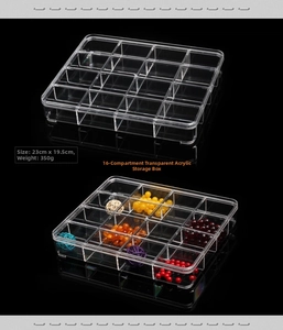 Clear 16-compartment acrylic storage box with 23x19.5cm dimensions for jewelry parts
