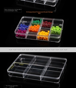 Clear acrylic storage box dimensions and weight details for 6 and 12 grid organizers