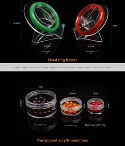 Detailed view of clear acrylic jewelry stand and round storage box with size measurements