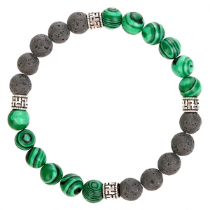 Natural malachite and black lava stone beaded bracelet with silver geometric metal spacers
