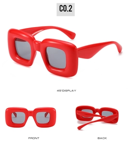 Three-angle view of chunky Y2K oversized square red sunglasses with grey lenses